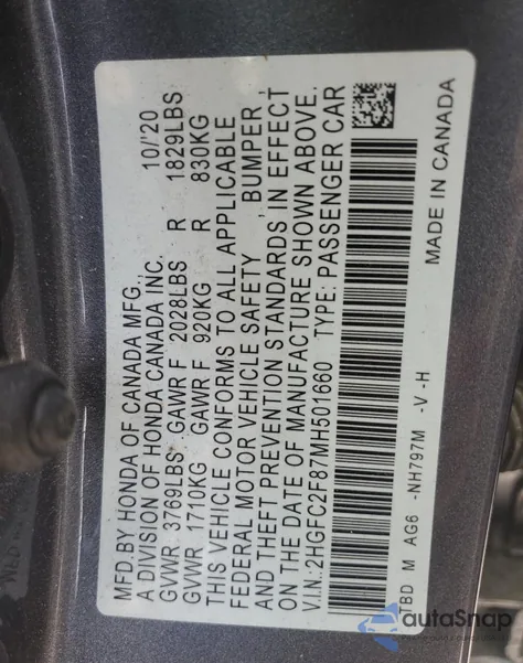 2021 Honda Civic Sport из США, поврежденный, VIN 2HGFC2F87MH501660